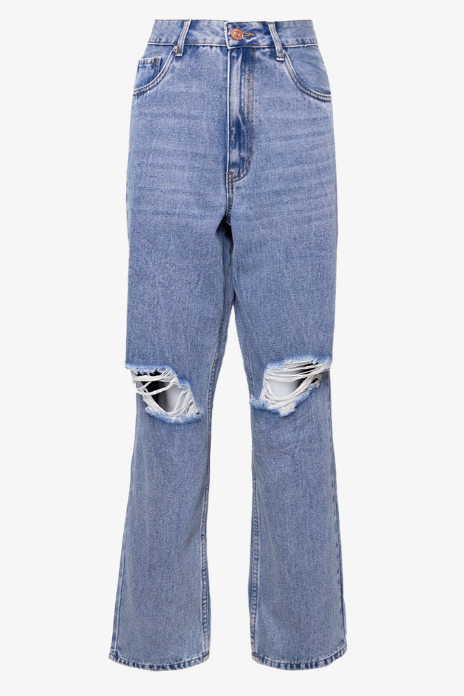 Ripped Straight Leg Denim Jeans Blue