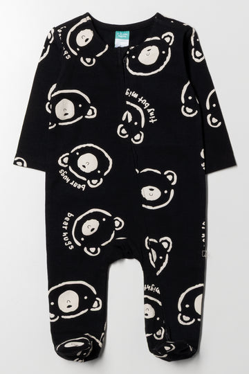 Bear Printed Babygrow Black