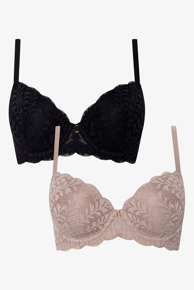 2 Pack Lace Balconette Bras Black And Natural