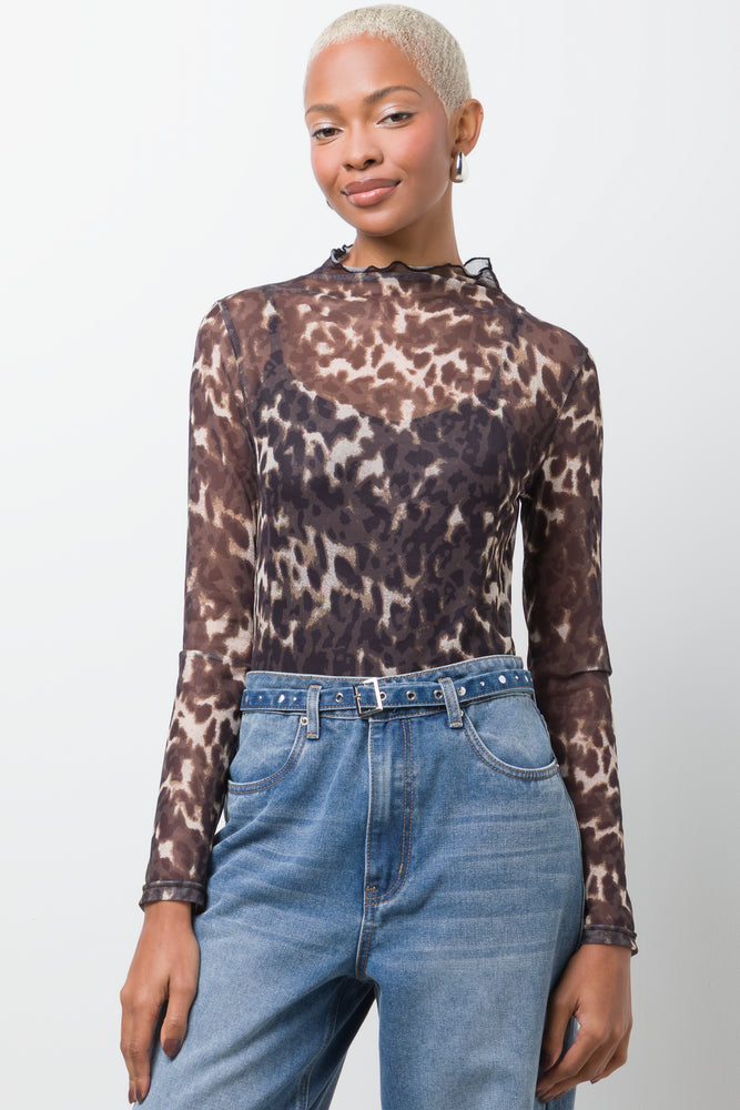 Leopard Print Long Sleeve Mesh Bodysuit Brown