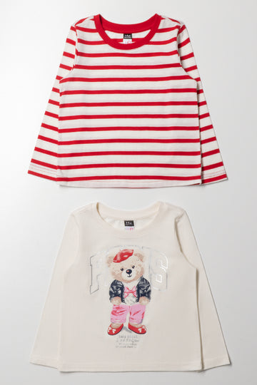 2 Pack Bear Long Sleeve T-Shirt Cream And Red