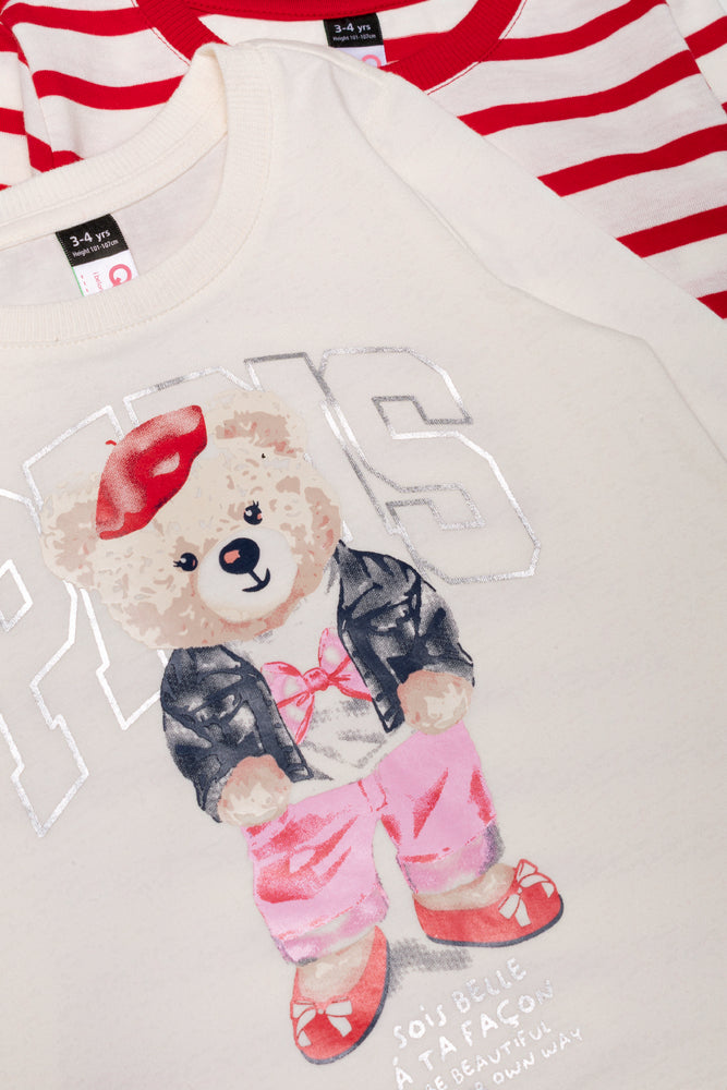 2 Pack Bear Long Sleeve T-Shirt Cream And Red (1)