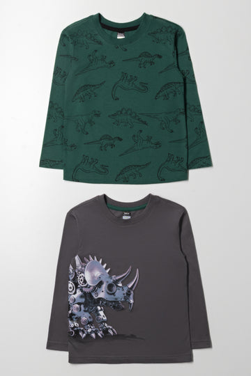 2 Pack Dinosaur Long Sleeve T-Shirt Green And Grey