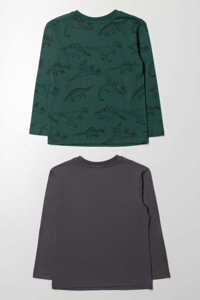 2 Pack Dinosaur Long Sleeve T-Shirt Green And Grey (2)