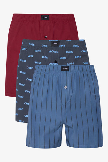 3 Pack Woven Boxers Red & Blue
