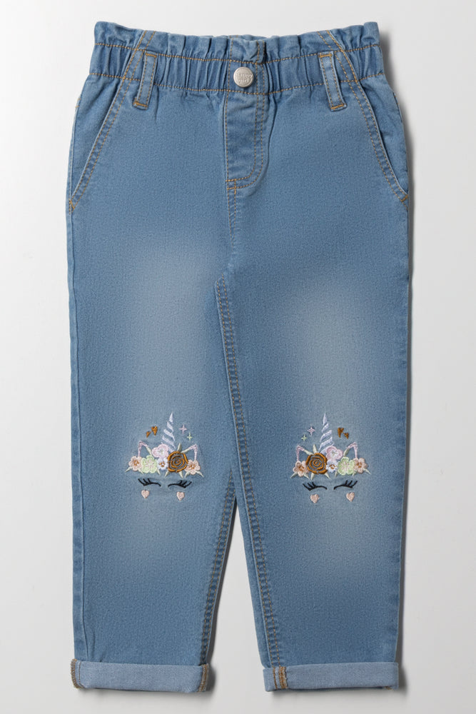 Unicorn Embroidered Denim Mom Jeans Blue