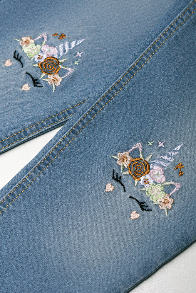 Unicorn Embroidered Denim Mom Jeans Blue (1)