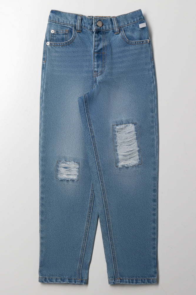 Mini  Mom Abrasion Denim Jeans Blue