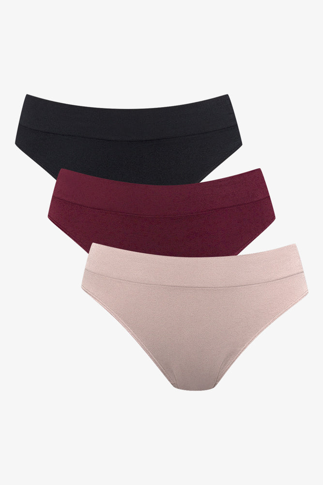 3 Pack Seamfree Brazilian Panties Burgundy, Natural And Black