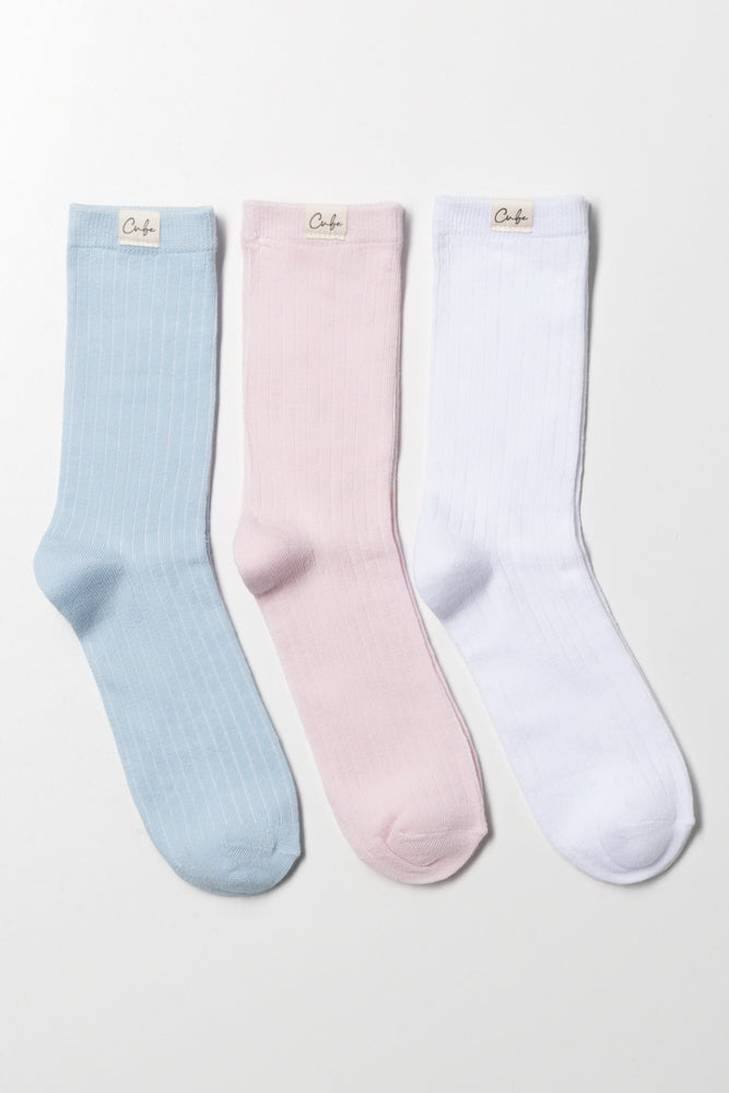 3 Pack Anklet Socks Blue, Pink And White