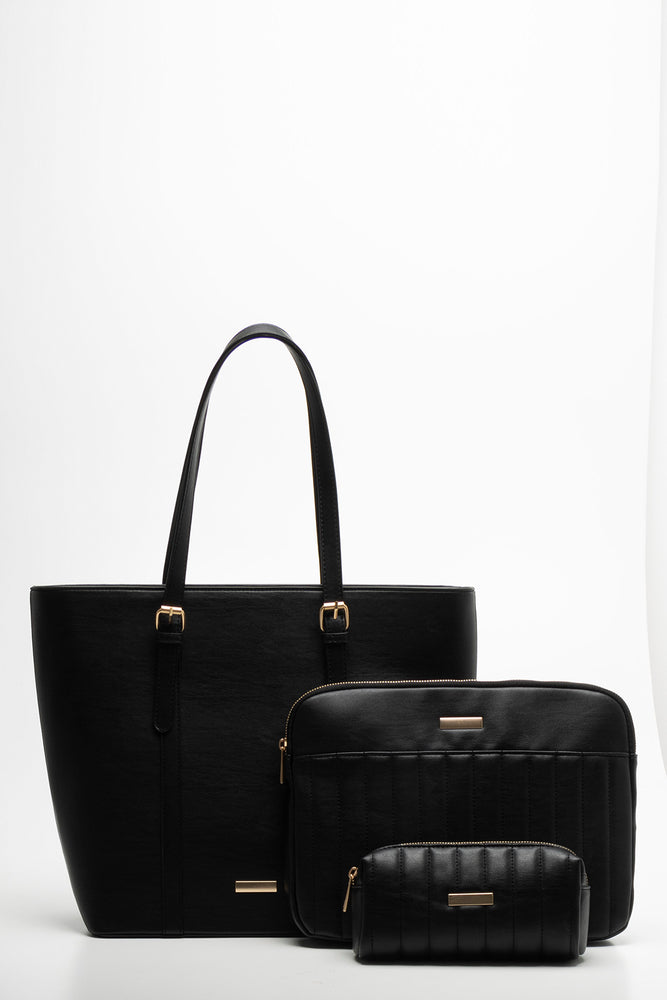 Quilted 3 Piece Bag Set Black