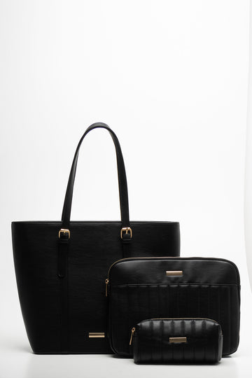 Quilted 3 Piece Bag Set Black