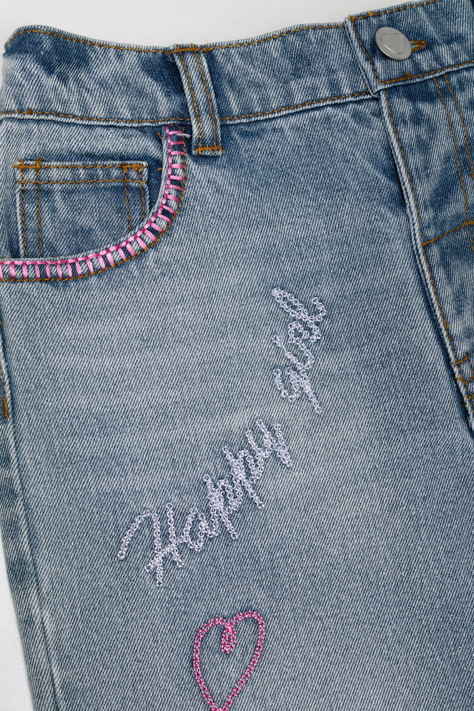 Relaxed Embroidered Denim Jean Blue