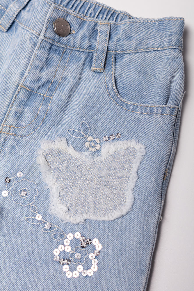 Butterfly Patch Wide Leg Denim Jeans Blue (1)
