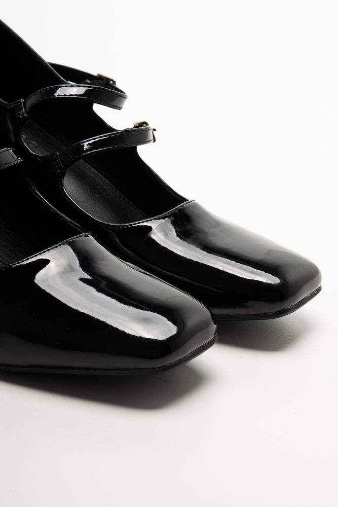 Double Strap Block Heel Shoes Black (2)