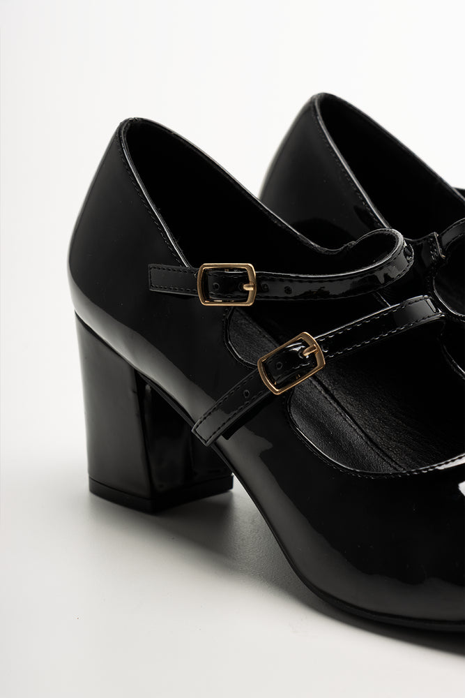 Double Strap Block Heel Shoes Black (3)