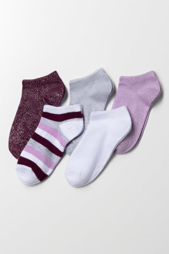5 Pack Low Cut Socks Burgundy, Grey, Purple And White