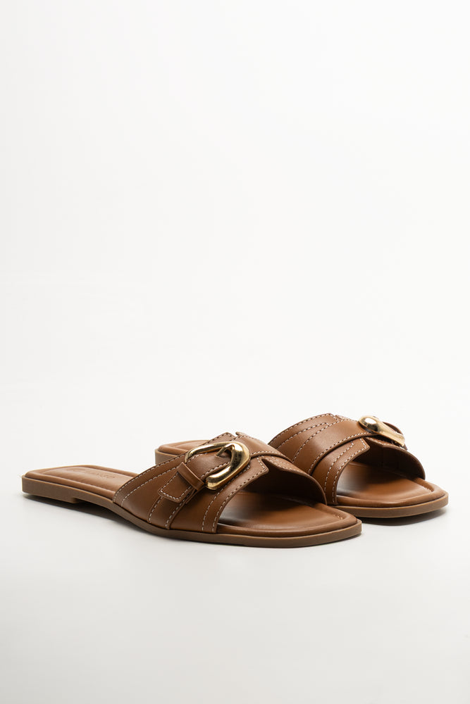 Buckle Trim Mule Sandals Natural
