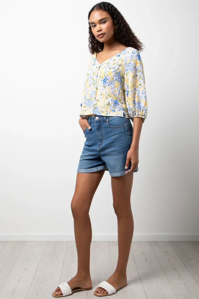 Ballerina Sleeve Linen Top Yellow Floral (1)
