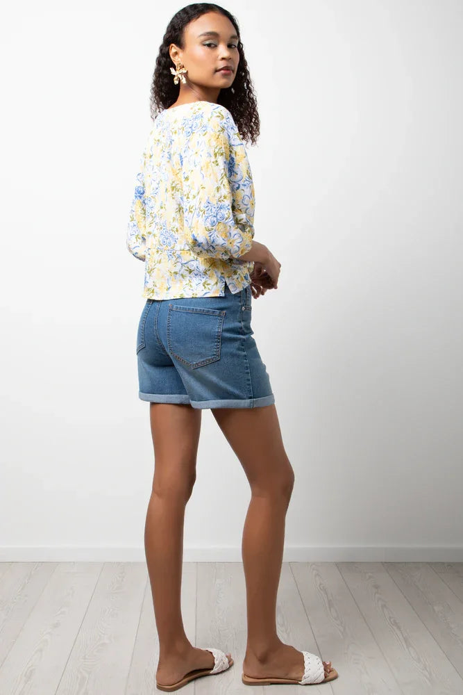 Ballerina Sleeve Linen Top Yellow Floral (2)