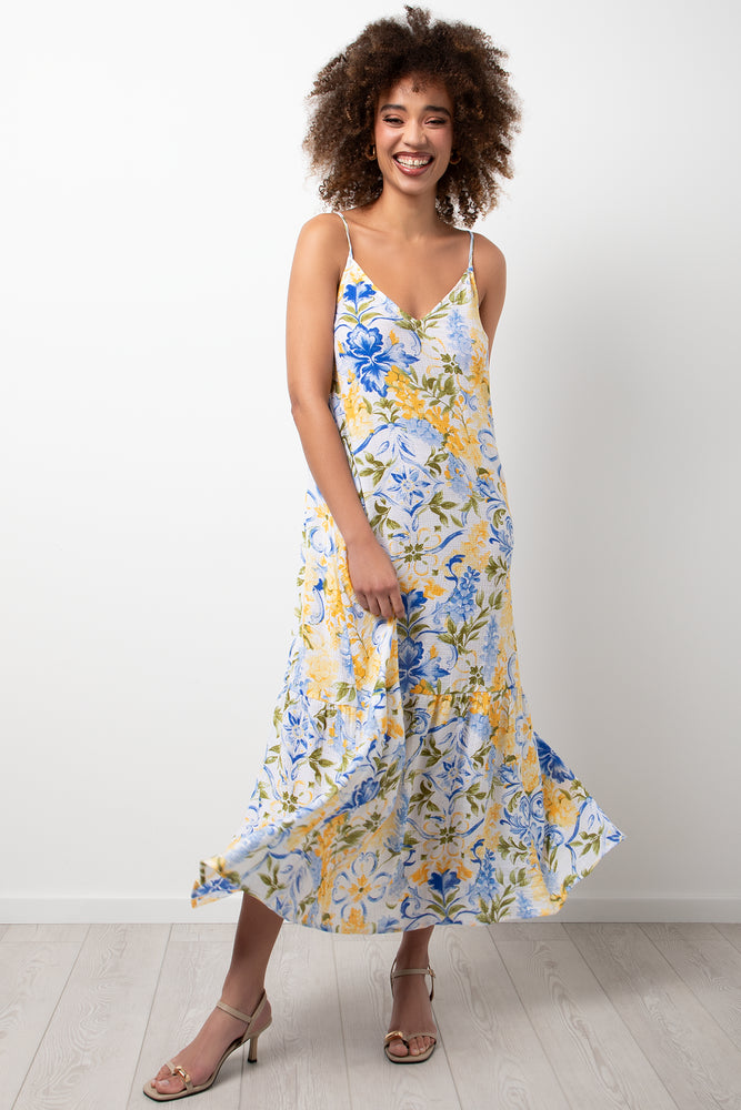 Flower Tiered Strappy Dress Blue