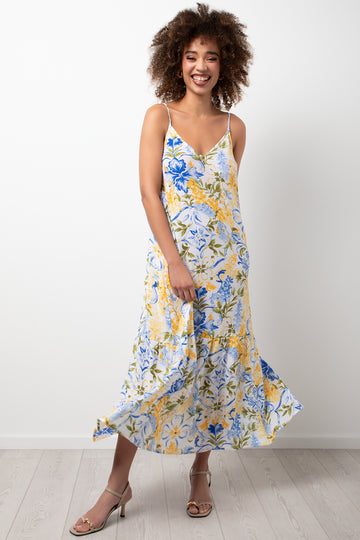 Flower Tiered Strappy Dress Blue