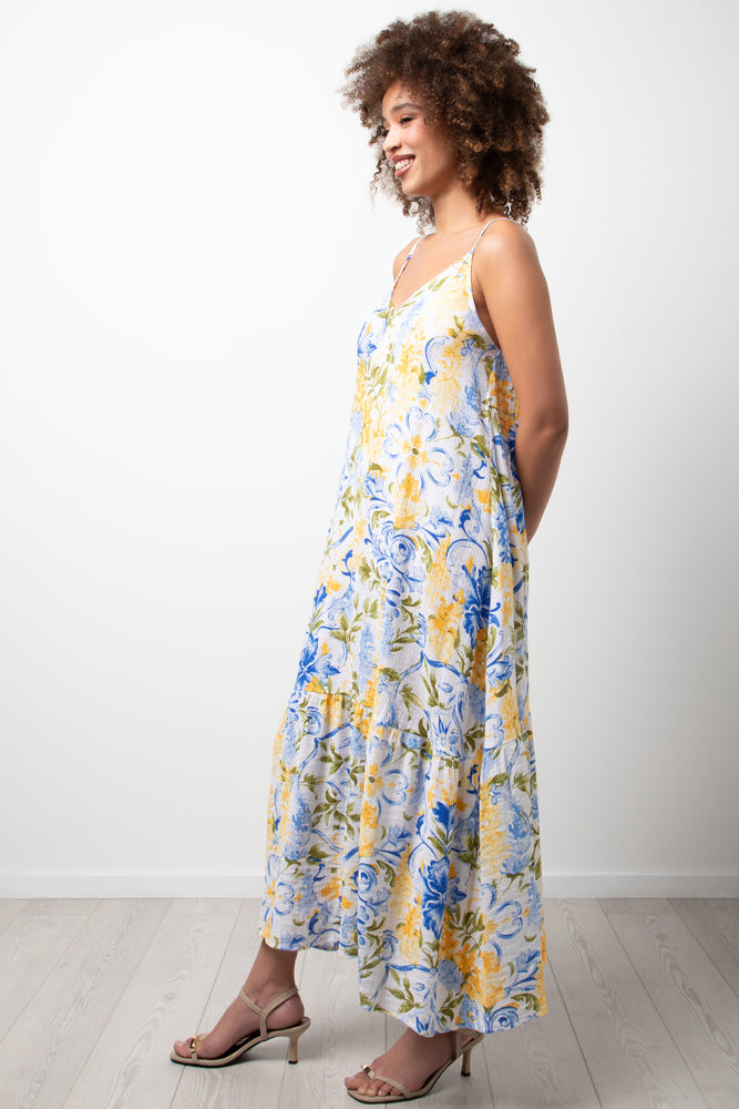 Flower Tiered Strappy Dress Blue