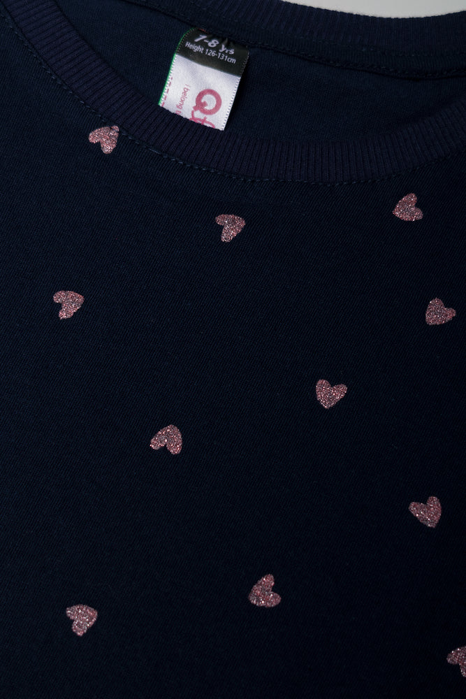 Glitter Heart Short Sleeve T-Shirt Navy