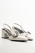 Buckle Pointy Block Heel Shoes White