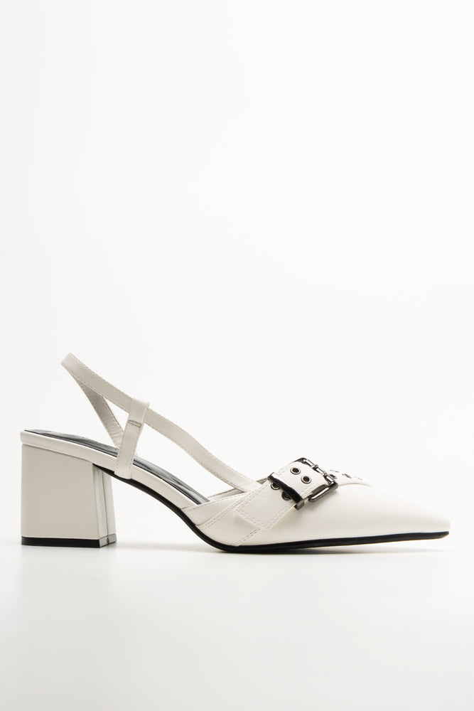 Buckle Pointy Block Heel Shoes White