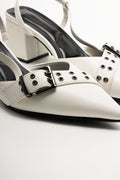 Buckle Pointy Block Heel Shoes White (2)