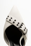 Buckle Pointy Block Heel Shoes White (4)