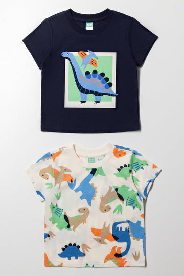 2 Pack Dinosaur T-Shirts Navy And Cream