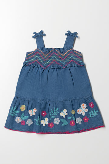 Smocked Denim Dress Blue