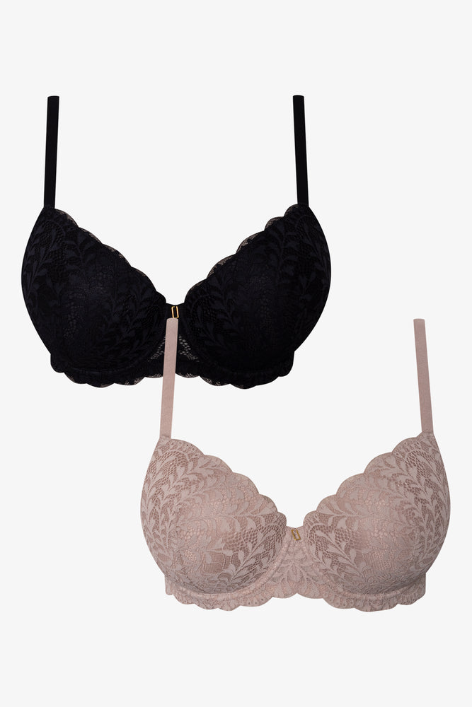 Plus Size 2 Pack Lace Balconette Bras Black And Natural