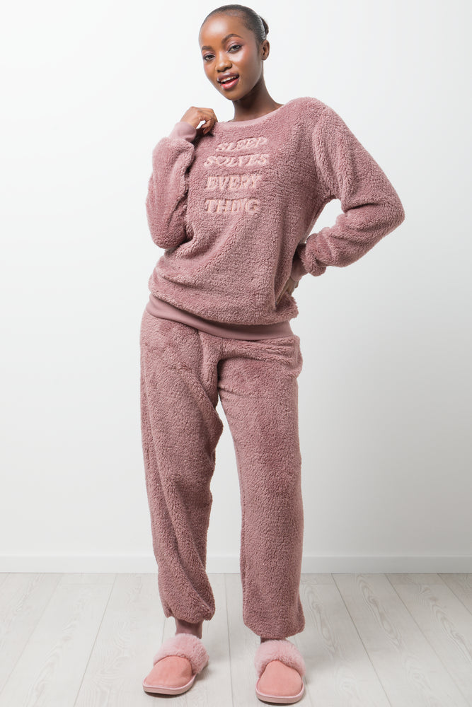 SLEEP SOLVES EVERYTHING LUREX SHERPA PJ MOCHA