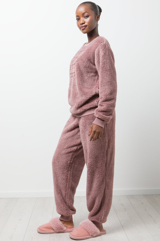SLEEP SOLVES EVERYTHING LUREX SHERPA PJ MOCHA
