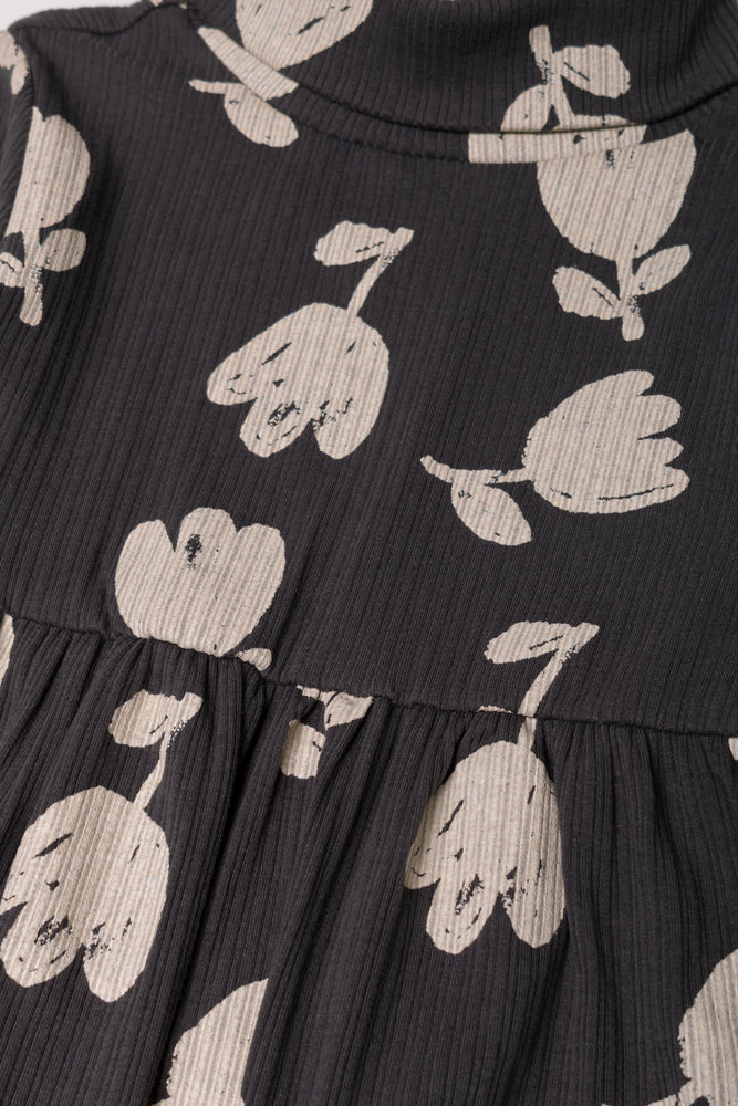 POLONECK FLORAL FIT AND FLARE RIB DRESS CHARCOAL