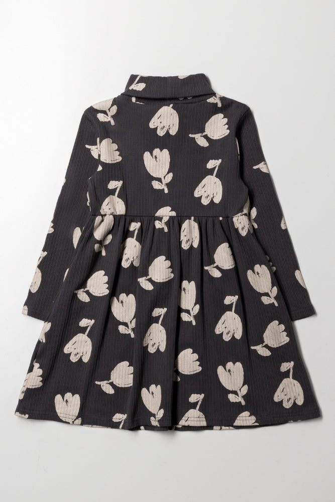 POLONECK FLORAL FIT AND FLARE RIB DRESS CHARCOAL (2)