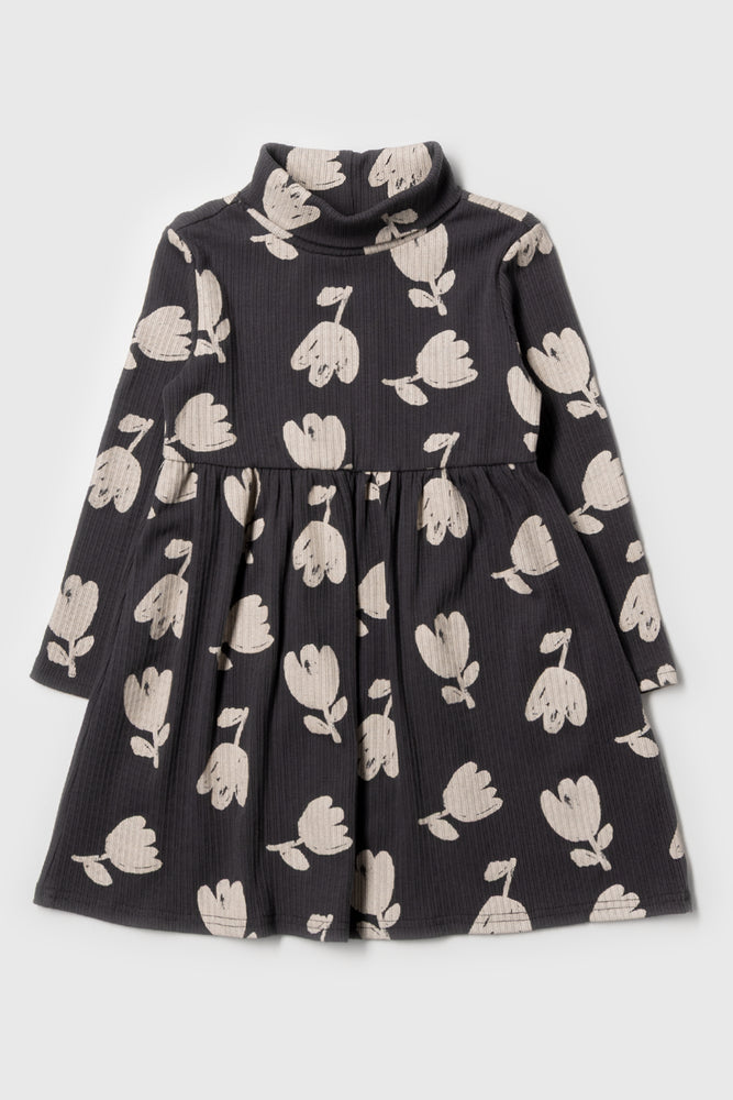 POLONECK FLORAL FIT AND FLARE RIB DRESS CHARCOAL
