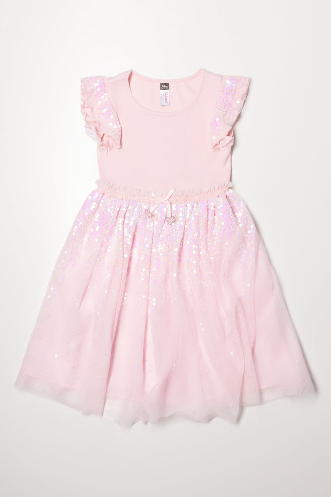 Sequin fit and flare mesh combo dress light pink