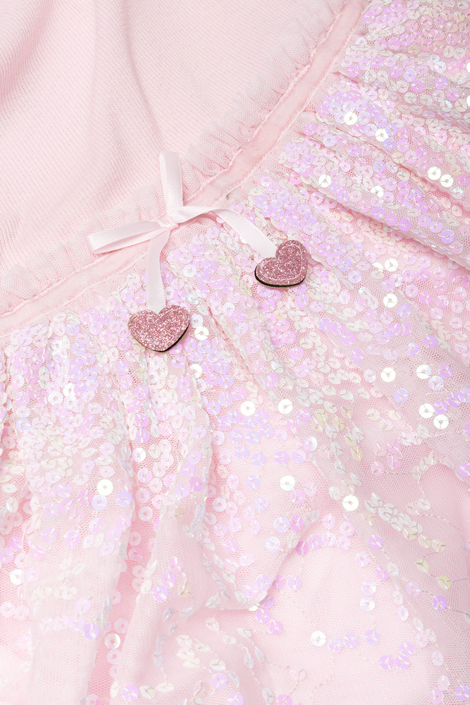 Sequin fit and flare mesh combo dress light pink