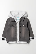 Hooded Knit Combo Denim Jacket Grey
