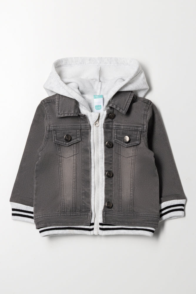 Hooded Knit Combo Denim Jacket Grey