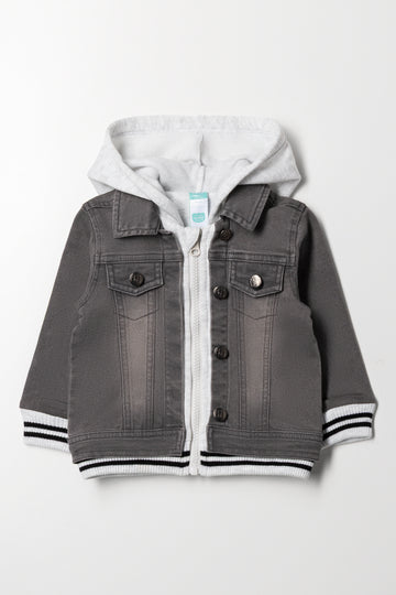 Hooded Knit Combo Denim Jacket Grey