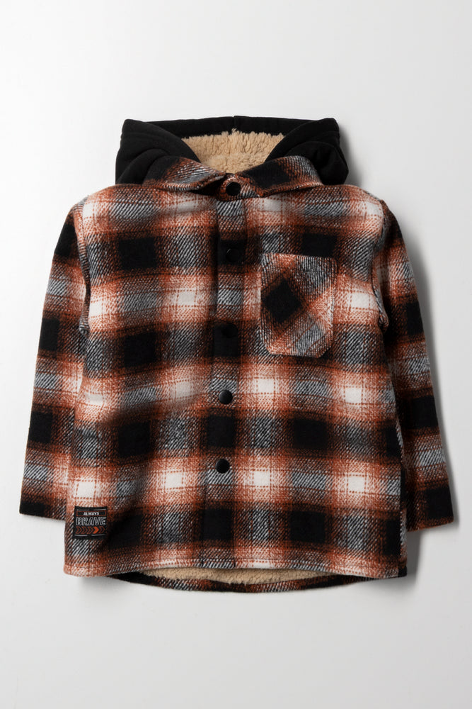 Check Hooded Shacket Black And Brown