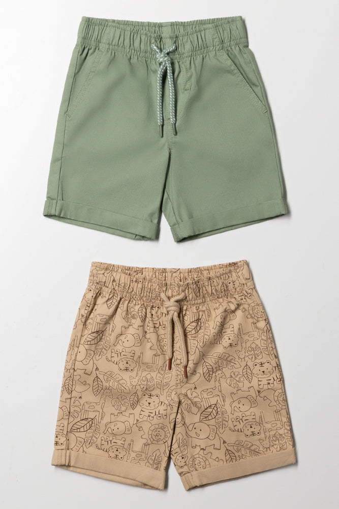 2 Pack Woven Shorts Green And Natural