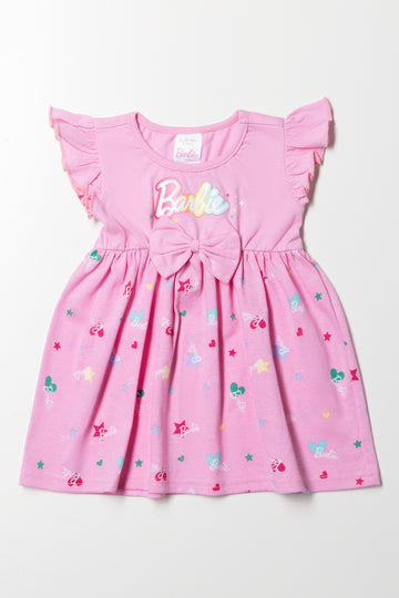 Barbie Flutter Sleeve Dress With Bow Pink