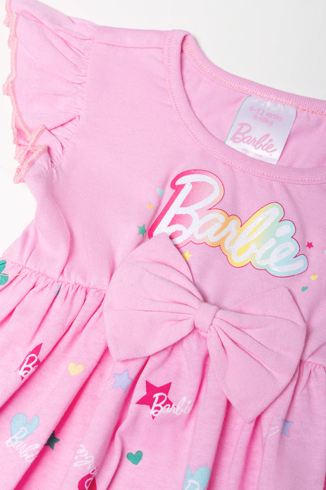 Barbie Flutter Sleeve Dress With Bow Pink