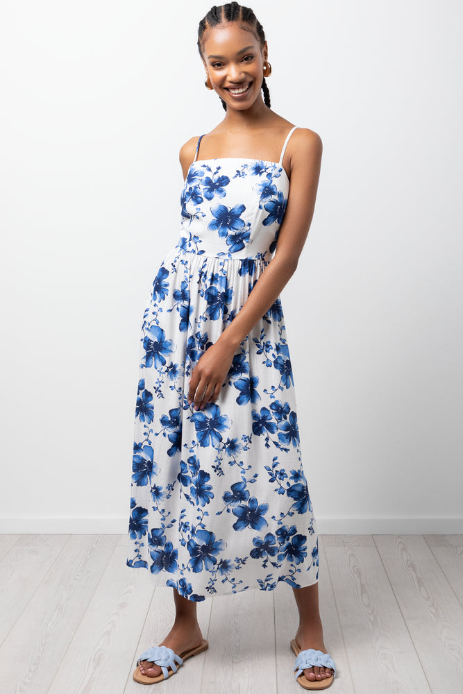 Floral Fit And Flare Dress Blue And White